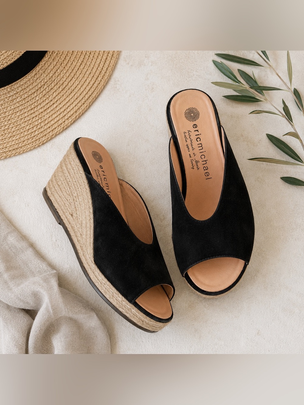 Eric Michael Black Suede Espadrille Platform Slide Sandals Boho Resort Size 6